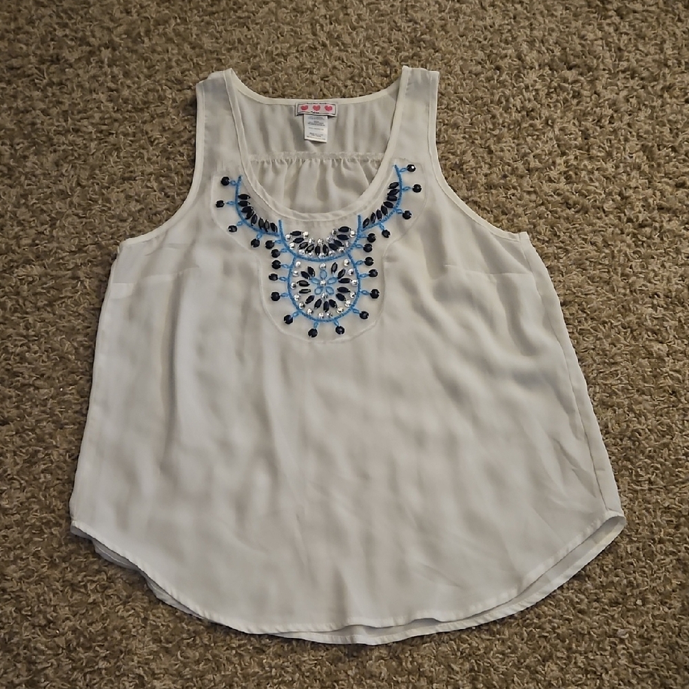 Trixxi White Tank Top with Blue Embroidery And Beading